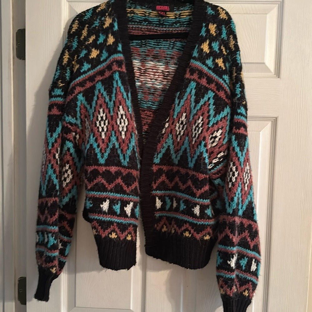 Rock & Roll Cowgirl XXL Women's Cardigan With Aztec Design Bright Turquoise